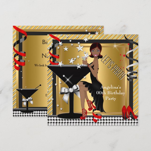 Red Gold Silver Black Martini Birthday Party Invitation (Front/Back)