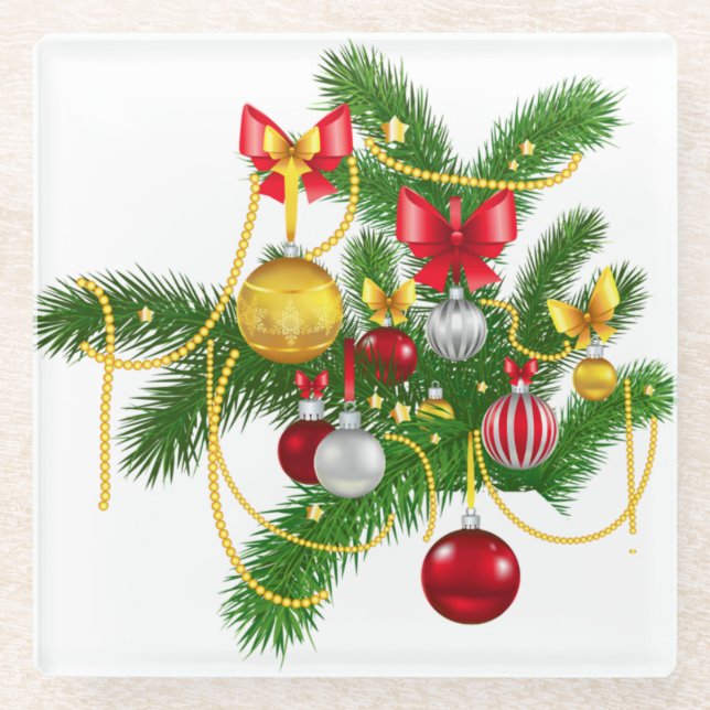 RED GOLD SILVER CHRISTMAS ORNAMENTS & BOWS GLASS COASTER (Front)