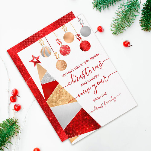 Red Gold Silver Glitter Tree Ornaments Christmas Holiday Card Red Gold Silver Glitter Tree Ornaments Christmas Holiday Card