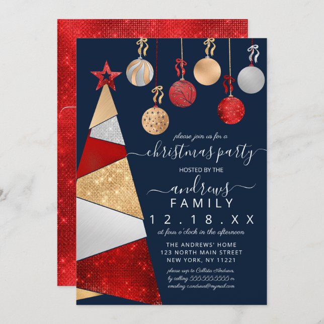 Red Gold Silver Glitter Tree Ornaments Christmas Invitation (Front/Back)