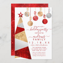 Red Gold Silver Glitter Tree Ornaments Holiday Invitation
