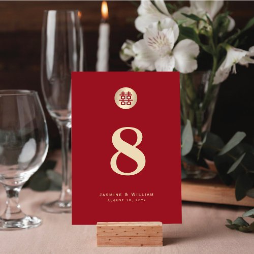 Red Gold Simple Circle Double Xi Chinese Wedding Table Number