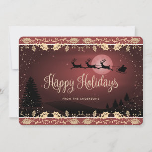 Red Gold Snow Holly Reindeer Santa Holiday Card