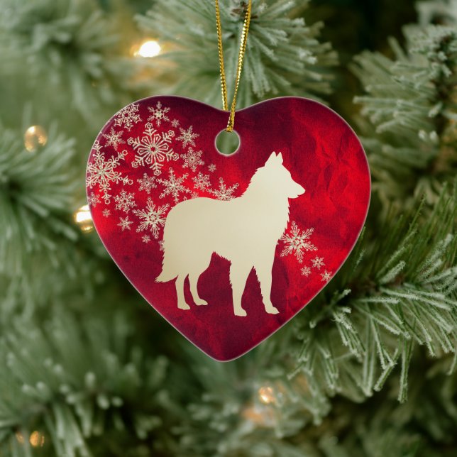 Red Gold Snowflake Belgian Tervuren Ceramic Ornament (Tree)