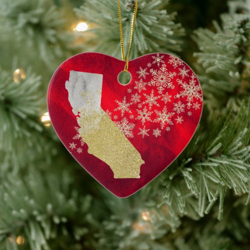 Red Gold Snowflake California Heart Ceramic Ornament