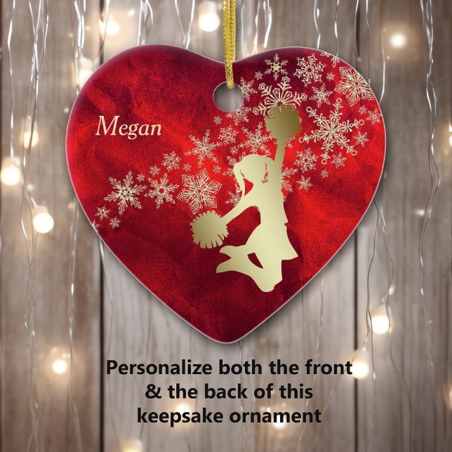 Red Gold Snowflake Cheerleader Personalized Ceramic Ornament (Creator Uploaded)