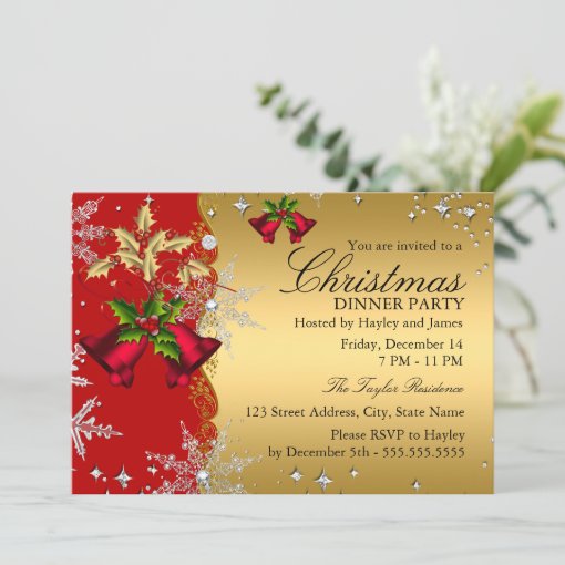 Red Gold Snowflake Christmas Dinner Party 4b Invitation | Zazzle