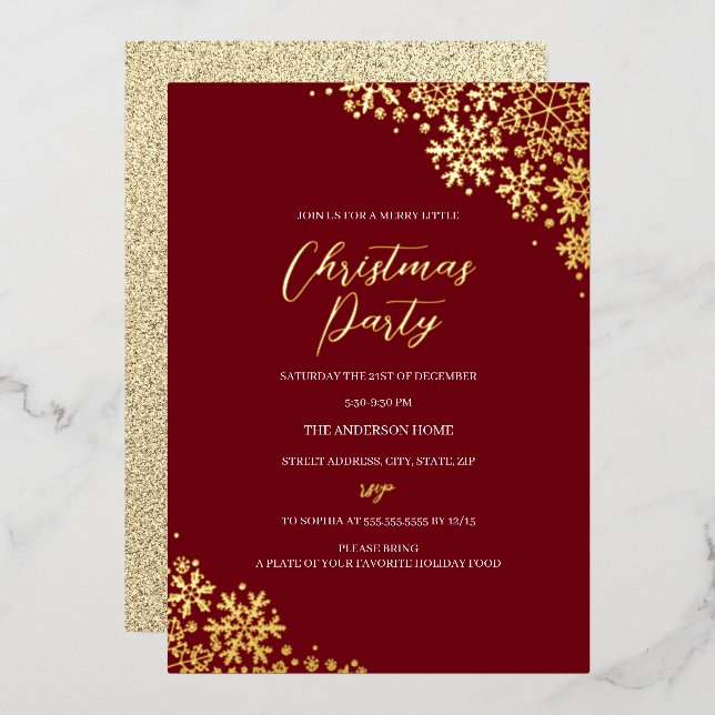 Red Gold Snowflake Christmas Party  Foil Invitation (Front/Back)