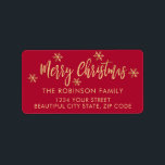 Red Gold Snowflake Christmas Return Address Label<br><div class="desc">Modern Red and Gold Snowflake Merry Christmas Script Holiday Christmas Return Address Labels. Features a „Merry Christmas” script,  snowflakes on red background. Great for Christmas holiday season,  easy to personalize them with your names and return address info.</div>