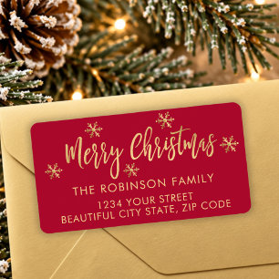 Red Gold Snowflake Christmas Return Address Label