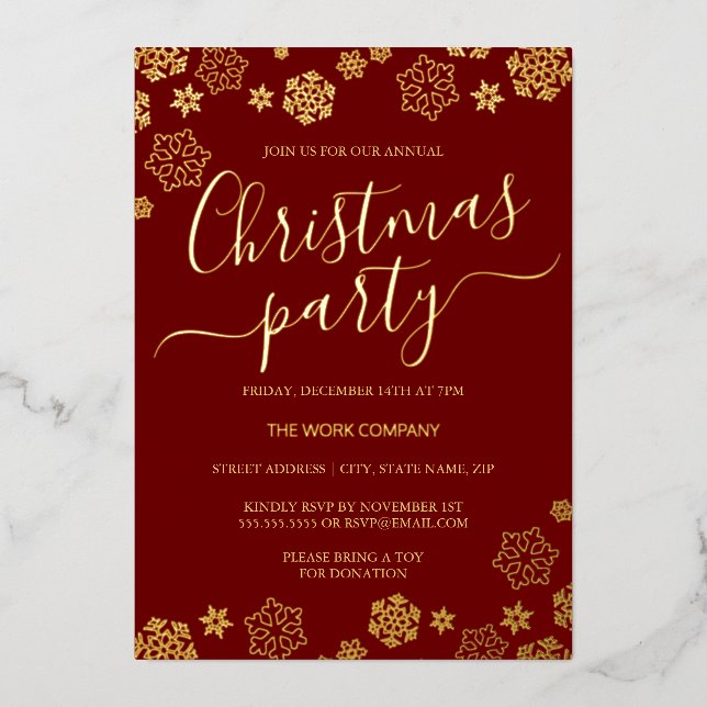 Red Gold Snowflake Corporate Christmas Party  Foil Invitation (Front)