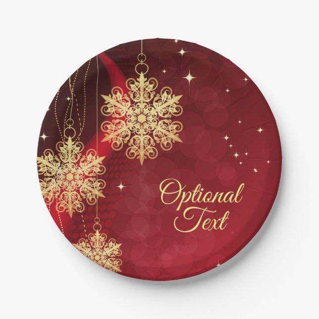 Red & Gold Snowflake Filigree Custom Christmas Paper Plates (Front)