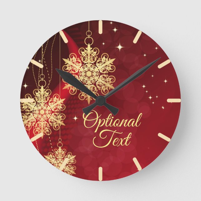 Red & Gold Snowflake Filigree Custom Christmas Round Clock (Front)