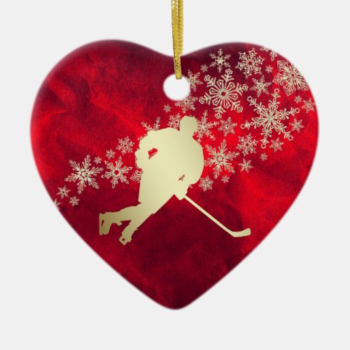 Red Gold Snowflake Hockey Player Personalized Ceramic Ornament