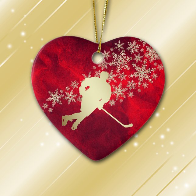 Red Gold Snowflake Hockey Player Personalized Ceramic Ornament (Creator Uploaded)