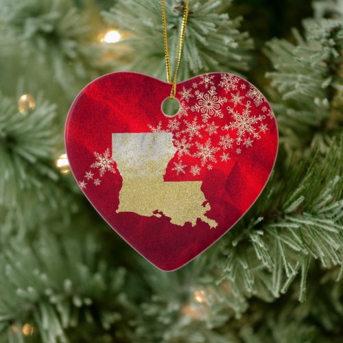 Red Gold Snowflake Louisiana Heart Ceramic Ornament