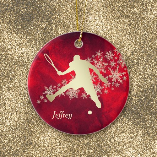 Red Gold Snowflake Male Tennis Player Ceramic Ornament