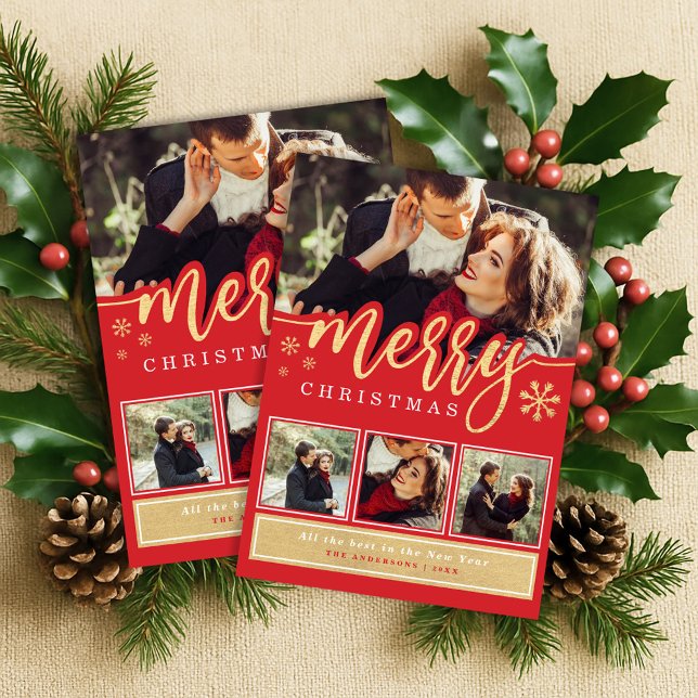Red Gold Snowflake Merry Christmas Photo Collage Holiday Card (Creator Uploaded)