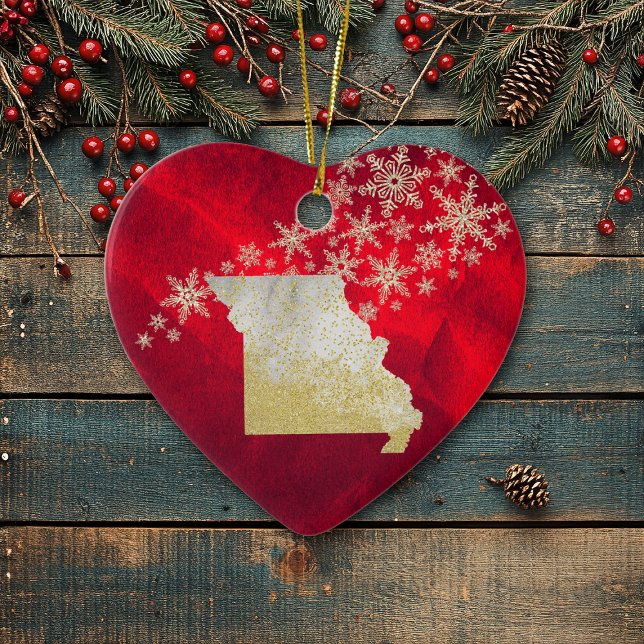 Red Gold Snowflake Missouri Heart Ceramic Ornament (Creator Uploaded)
