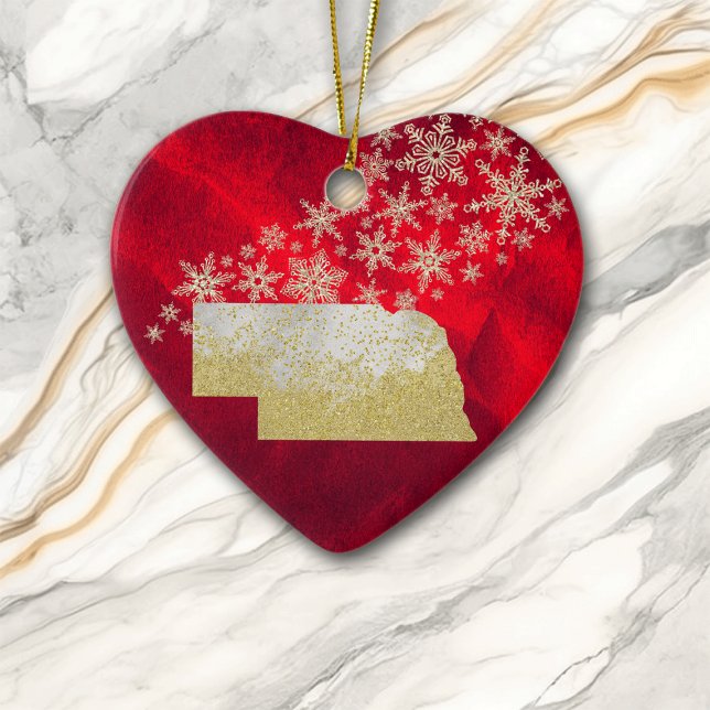 Red Gold Snowflake Nebraska Heart Ceramic Ornament (Creator Uploaded)