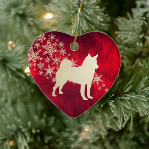 Red Gold Snowflake Norwegian Elkhound Ceramic Ornament