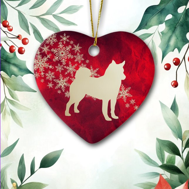 Red Gold Snowflake Norwegian Elkhound Ceramic Ornament (Creator Uploaded)