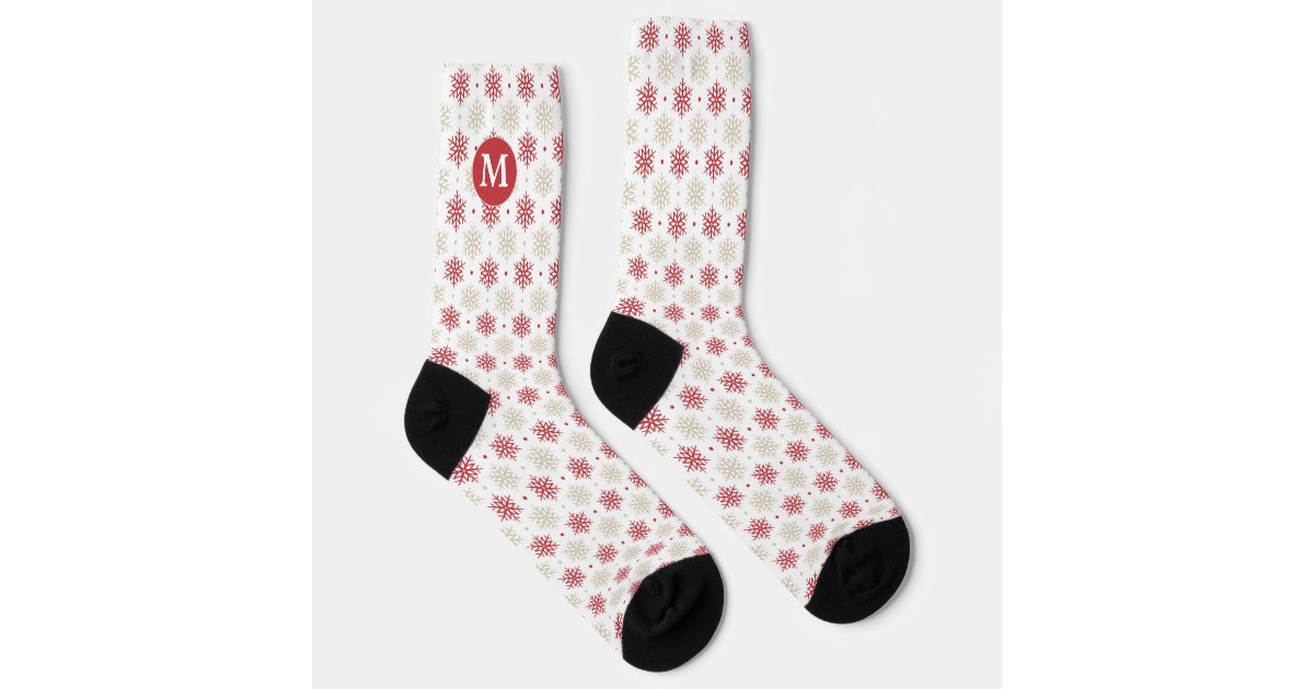 Red Gold Snowflake Pattern Monogram Socks | Zazzle