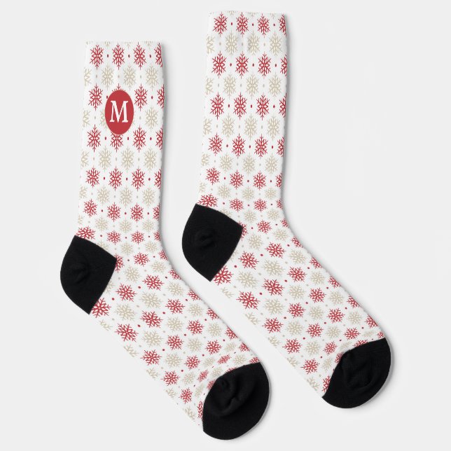 Red Gold Snowflake Pattern Monogram Socks (Right)