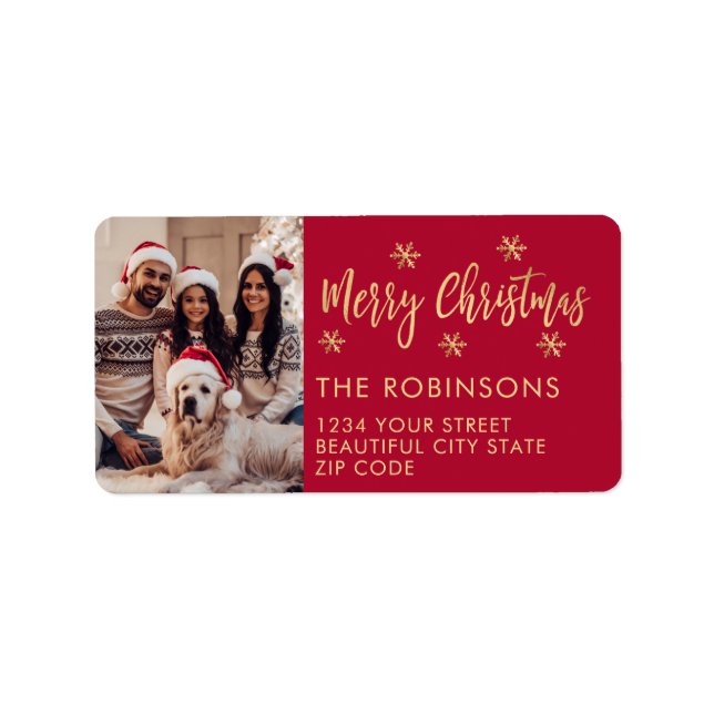 Red Gold Snowflake Photo Christmas Return Address Label (Front)
