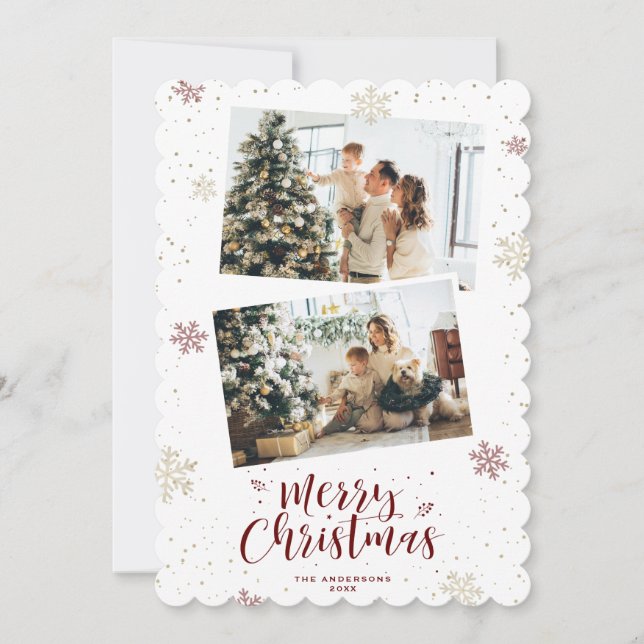Red Gold Snowflake Photo Merry Christmas Holiday Card (Front)