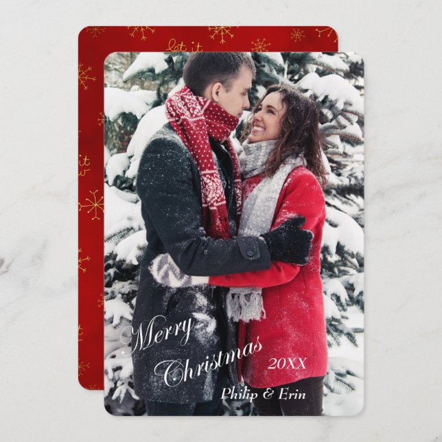 Red Gold Snowflake Photo Template Christmas (Front/Back)