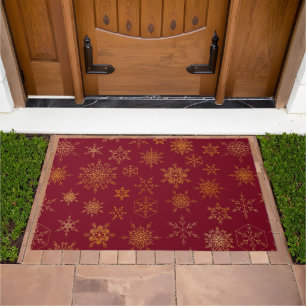 Red Gold Snowflake Print Vintage Elegant Christmas Doormat
