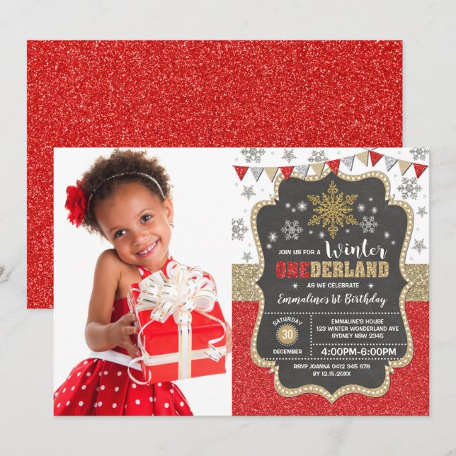 Red Gold Snowflake Winter Holiday 1st Birthday Invitation (Front/Back)