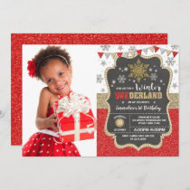 Red Gold Snowflake Winter Holiday 1st Birthday Invitation