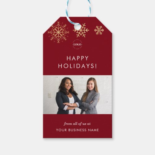 Red  Gold Snowflakes Business Company Team Photo  Gift Tags