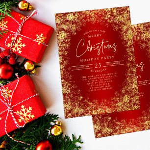 Red & Gold Snowflakes Christmas Holiday Party Invitation