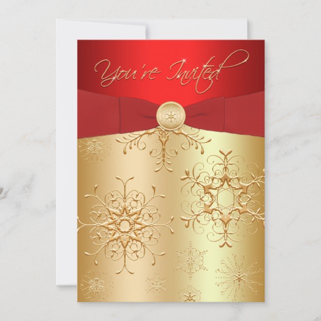 Red, Gold Snowflakes Christmas Party Invitation (Front)