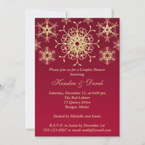 Red Gold Snowflakes Couples Shower Invite