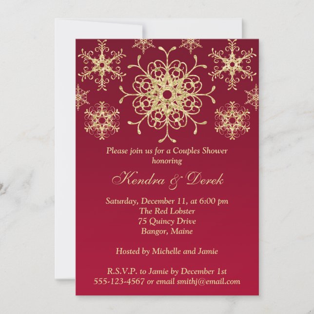 Red, Gold Snowflakes Couples Shower Invite (Front)
