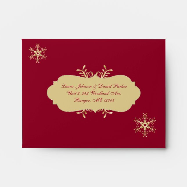Red, Gold Snowflakes Envelope for RSVP Card (Front)