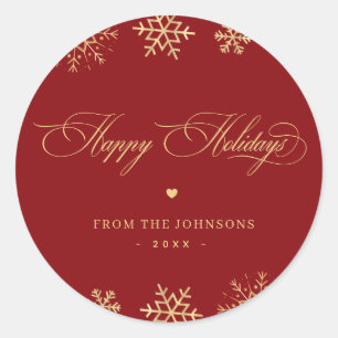 Red & Gold Snowflakes Happy Holidays Custom Name Classic Round Sticker