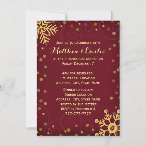 Red Gold Snowflakes Holiday Rehearsal Dinner Invitation