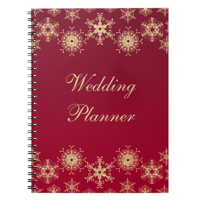 Red, Gold Snowflakes Wedding Planner Notebook (Front)