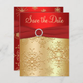 Red, Gold Snowflakes Wedding Save the Date Card (Front/Back)