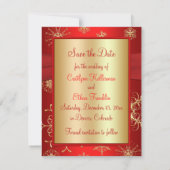 Red, Gold Snowflakes Wedding Save the Date Card (Back)