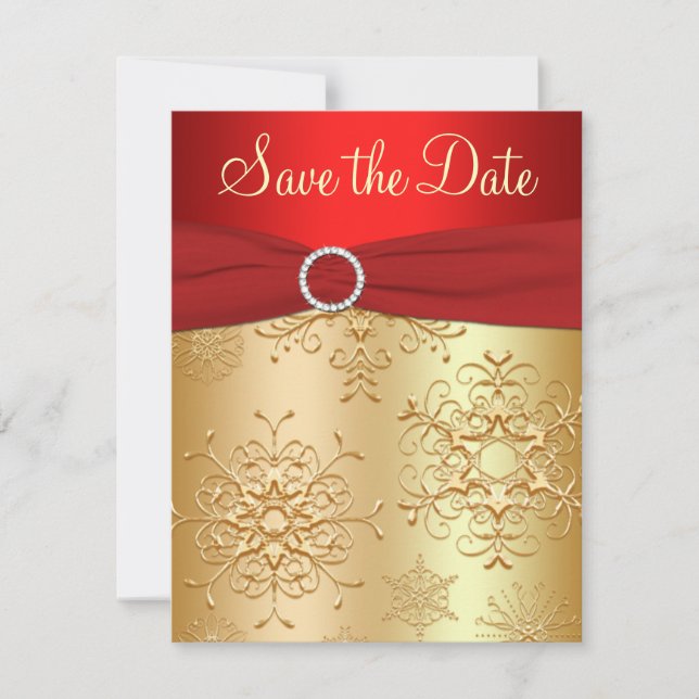 Red, Gold Snowflakes Wedding Save the Date Card (Front)