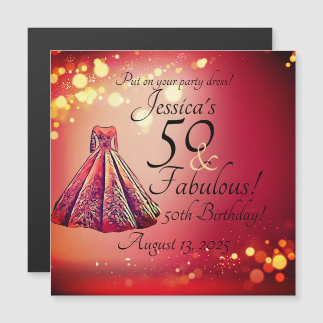 Red Gold Sparkle 50 & Fabulous 50th Birthday Magnetic Invitation (Front/Back)