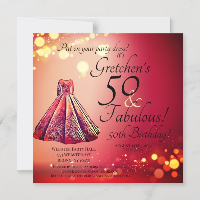 Red Gold Sparkle 50 & Fabulous 50th Birthday Magnetic Invitation (Front)