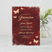 Red Gold Sparkle Butterfly Dress Quinceanera Invitation (Standing Front)