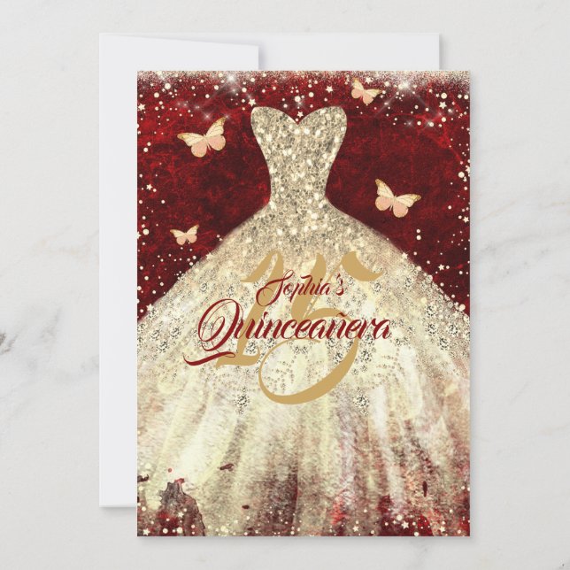 Red Gold Sparkle Butterfly Dress Quinceanera Invitation (Back)